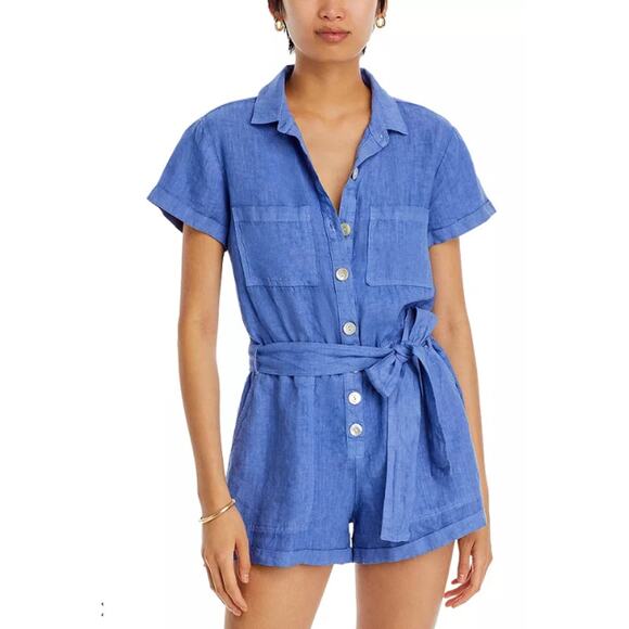 BELLA DAHL WOMENS MEDIUM 100% LINEN ROLLED HEM UTILITY SHORT ROMPER BLUE NEW - Picture 1 of 15